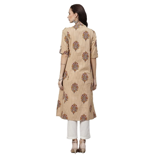 Generic Women's Cotton Printed A Line Kurti (Beige, Cotton)