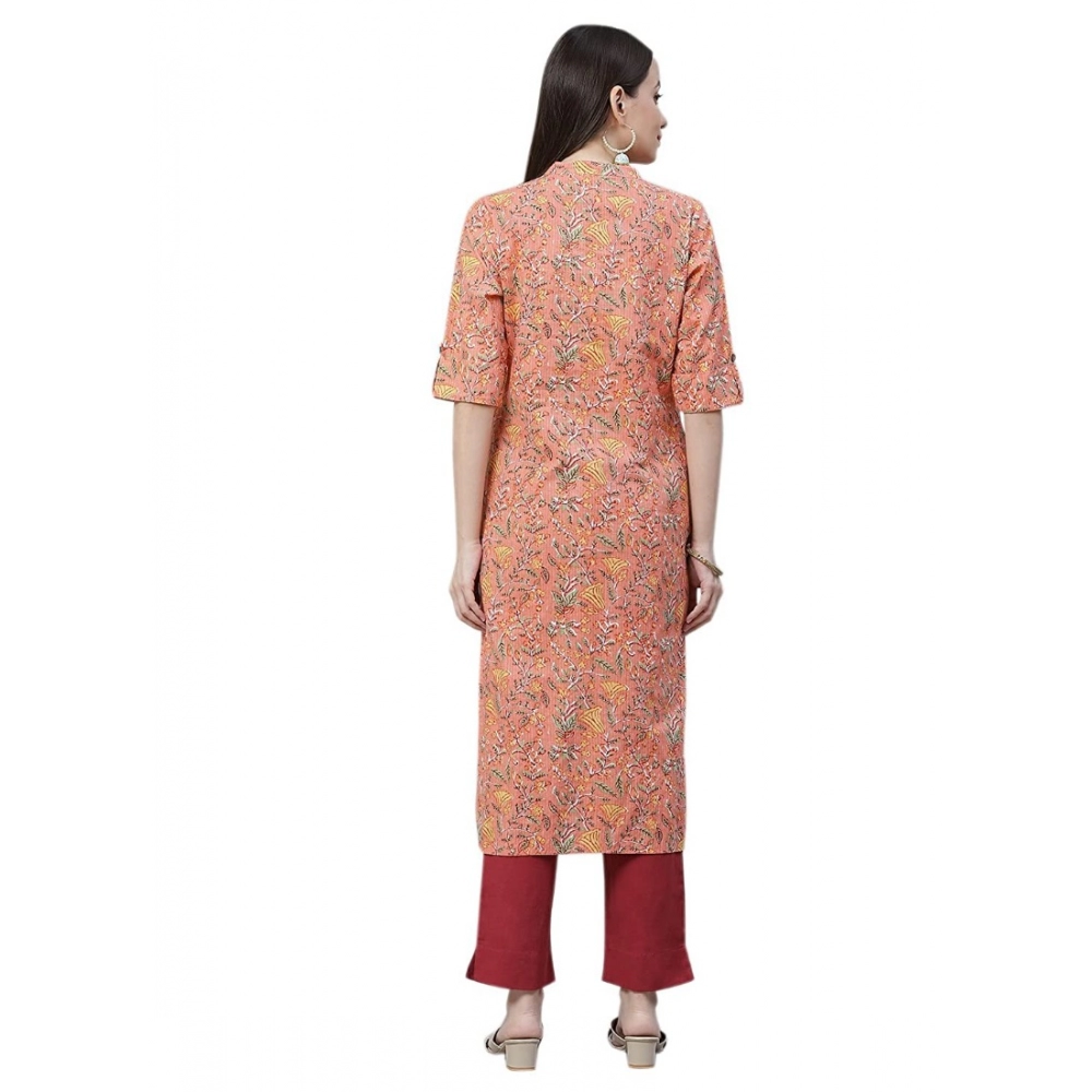 Generic Women's Cotton Printed Straight Kurti (Peach, Cotton)