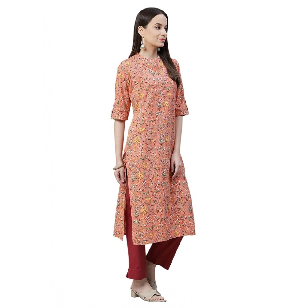 Generic Women's Cotton Printed Straight Kurti (Peach, Cotton)