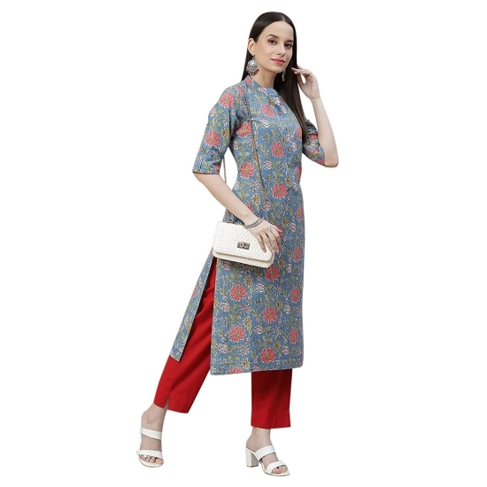 Generic Women's Cotton Printed Straight Kurti (Blue, Cotton)