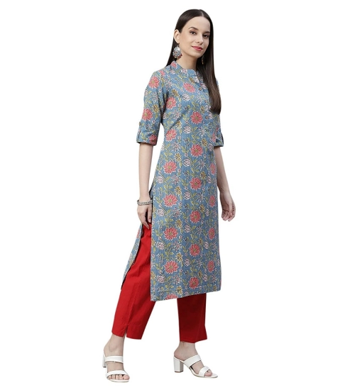 Generic Women's Cotton Printed Straight Kurti (Blue, Cotton)