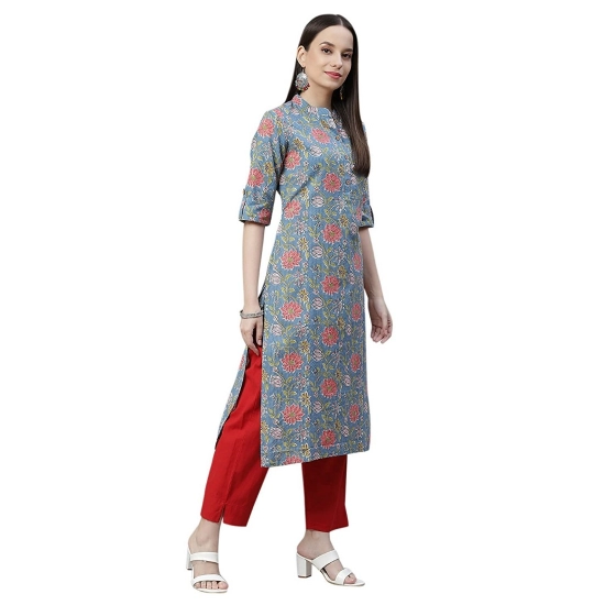 Generic Women's Cotton Printed Straight Kurti (Blue, Cotton)