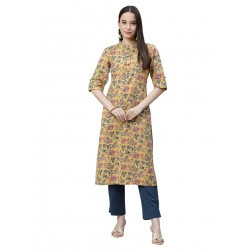 Generic Women's Cotton Printed Straight Kurti (Yellow, Cotton)