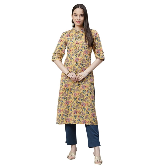Generic Women's Cotton Printed Straight Kurti (Yellow, Cotton)