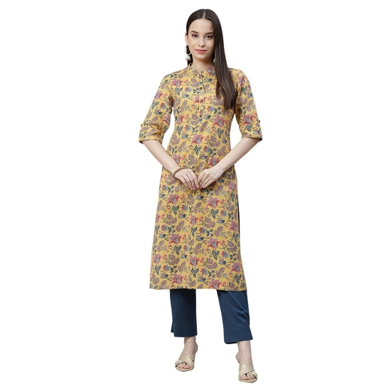 Generic Women's Cotton Printed Straight Kurti (Yellow, Cotton)