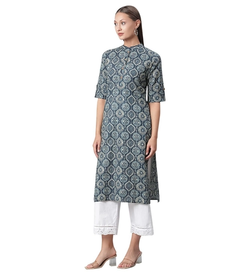 Generic Women's Cotton Printed Straight Kurti (Blue, Cotton)