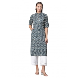 Generic Women's Cotton Printed Straight Kurti (Blue, Cotton)
