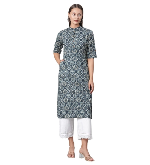 Generic Women's Cotton Printed Straight Kurti (Blue, Cotton)