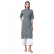 Generic Women's Cotton Printed Straight Kurti (Blue, Cotton)