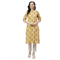 Generic Women's Cotton Printed Straight Kurti (Yellow, Cotton)