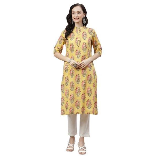 Generic Women's Cotton Printed Straight Kurti (Yellow, Cotton)