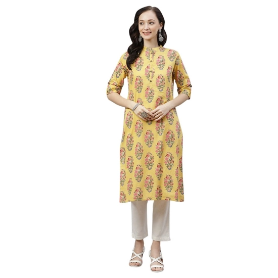Generic Women's Cotton Printed Straight Kurti (Yellow, Cotton)