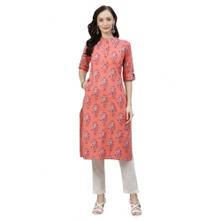 Generic Women's Cotton Printed Straight Kurti (Peach, Cotton)