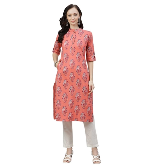 Generic Women's Cotton Printed Straight Kurti (Peach, Cotton)