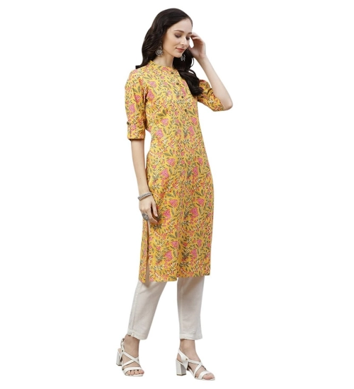 Generic Women's Cotton Printed Straight Kurti (Yellow, Cotton)