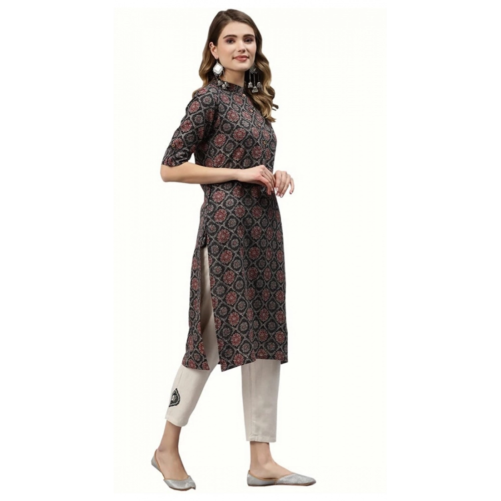 Generic Women's Cotton Printed Straight Fit Kurti (Black, Cotton)