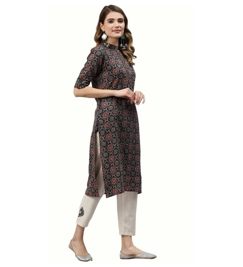 Generic Women's Cotton Printed Straight Fit Kurti (Black, Cotton)