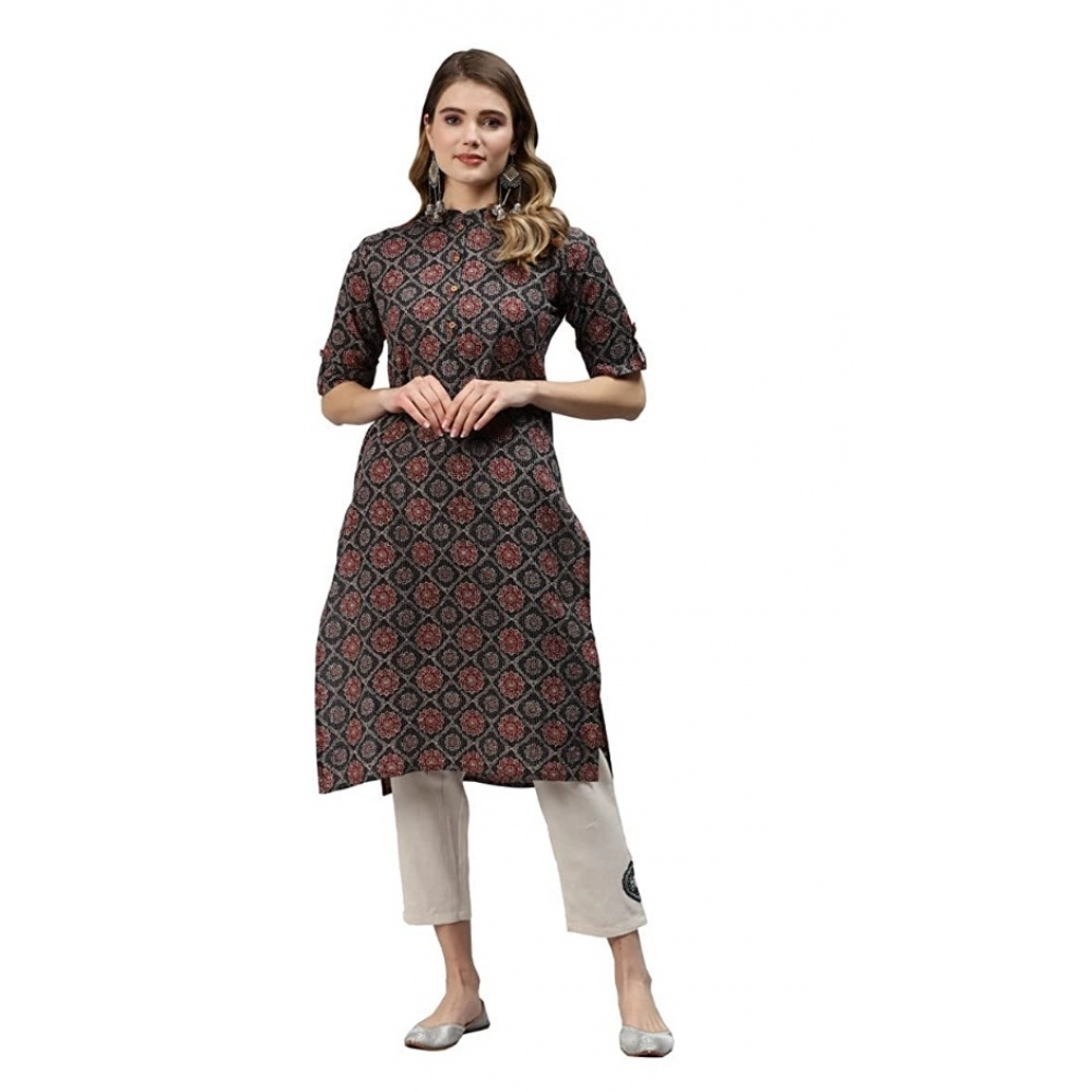 Generic Women's Cotton Printed Straight Fit Kurti (Black, Cotton)