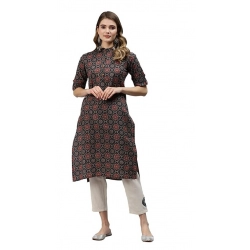Generic Women's Cotton Printed Straight Fit Kurti (Black, Cotton)