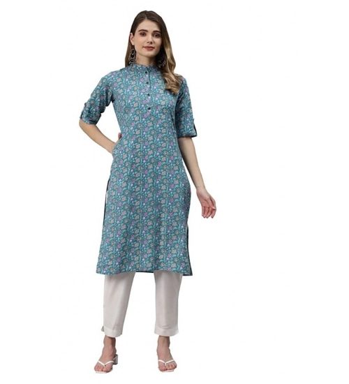 Generic Women's Cotton Printed Straight Kurti (Sea Green, Cotton)