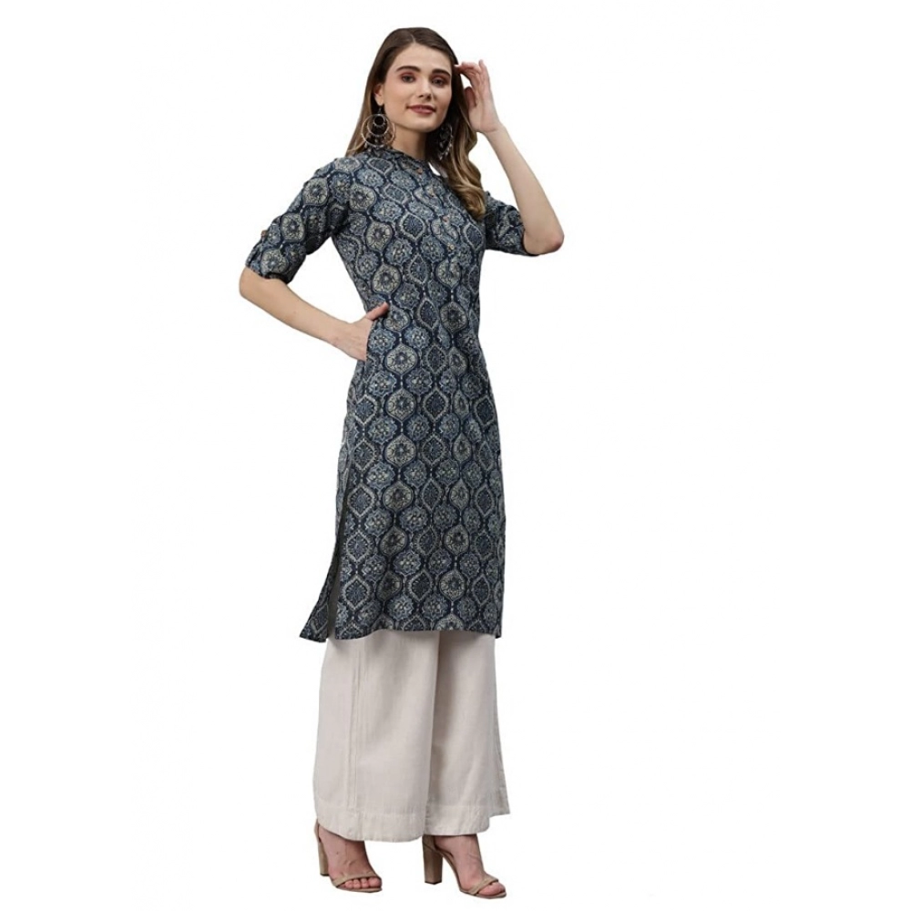 Generic Women's Cotton Printed Straight Kurti (Navy Blue, Cotton)