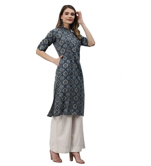 Generic Women's Cotton Printed Straight Kurti (Navy Blue, Cotton)