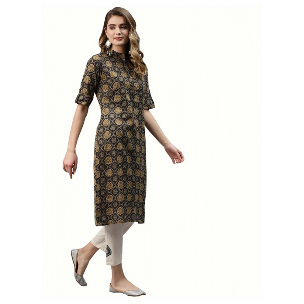 Generic Women's Cotton Printed Straight Fit Kurti (Black, Cotton)