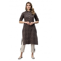 Generic Women's Cotton Printed Straight Fit Kurti (Black, Cotton)