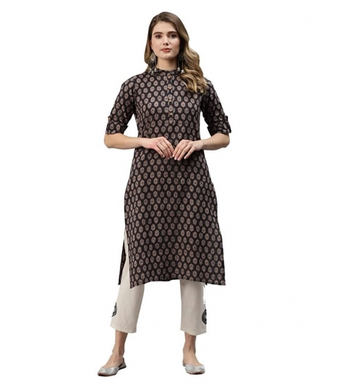 Generic Women's Cotton Printed Straight Fit Kurti (Black, Cotton)