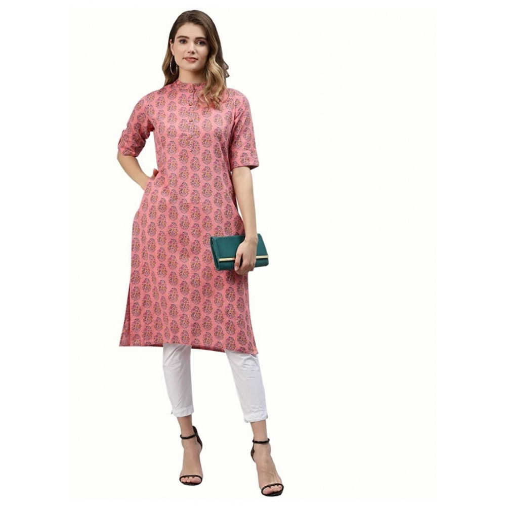 Generic Women's Cotton Printed Straight Fit Kurti (Pink, Cotton)