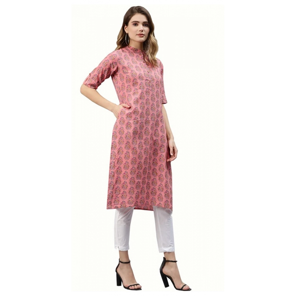 Generic Women's Cotton Printed Straight Fit Kurti (Pink, Cotton)