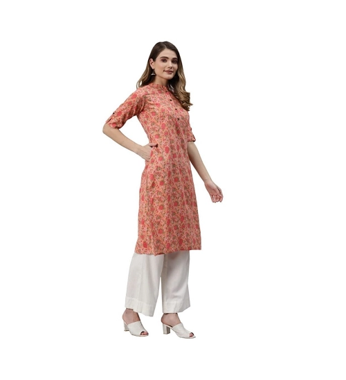 Generic Women's Pure Cotton Printed Straight Kurti (Peach, Pure Cotton)