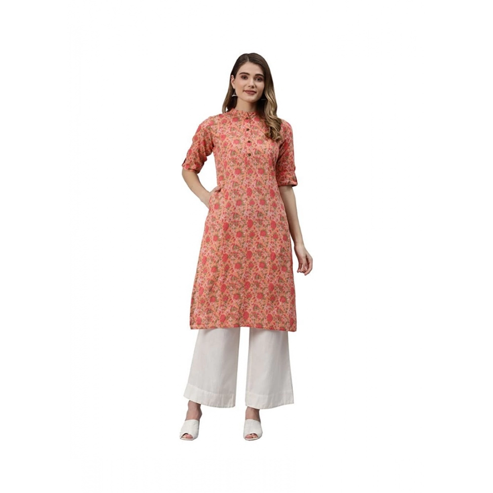 Generic Women's Pure Cotton Printed Straight Kurti (Peach, Pure Cotton)
