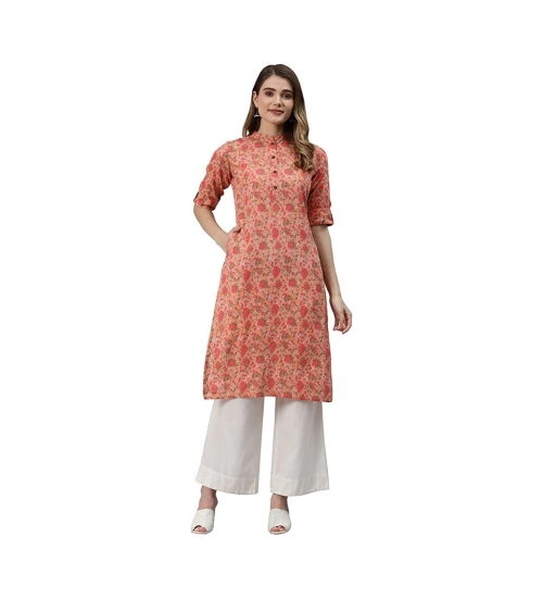 Generic Women's Pure Cotton Printed Straight Kurti (Peach, Pure Cotton)