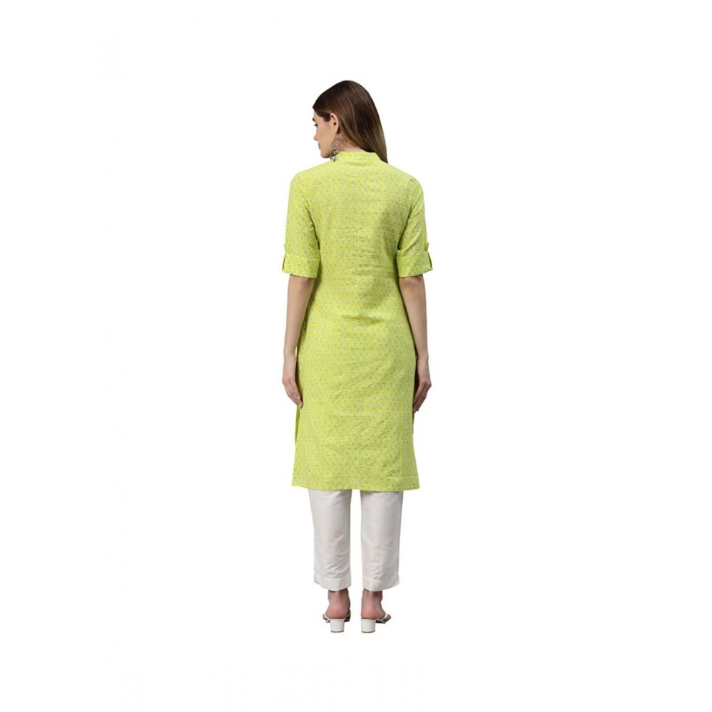 Generic Women's Cotton Printed Straight Kurti (Yellow, Green, Cotton)