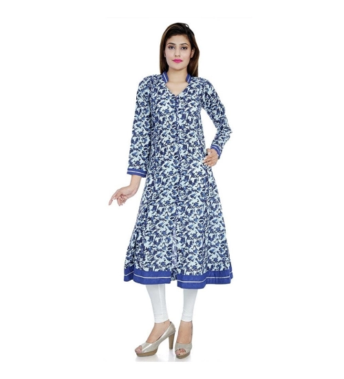 Generic Women's Cotton Printed Long Kurti (White, Blue, Cotton)