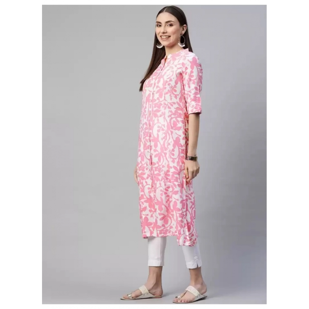 Generic Women's Cotton Printed A Line Kurti (White, Pink, Cotton)