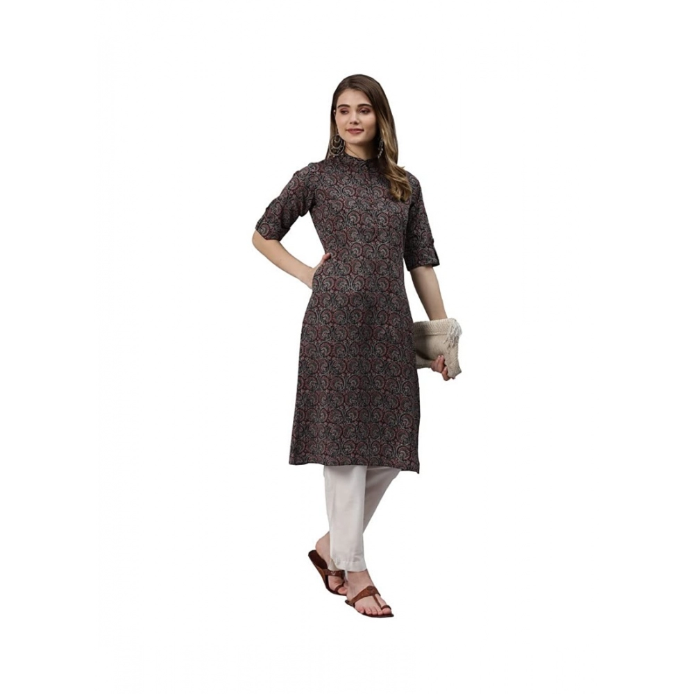 Generic Women's Cotton Printed Straight Kurti (Black, Cotton)