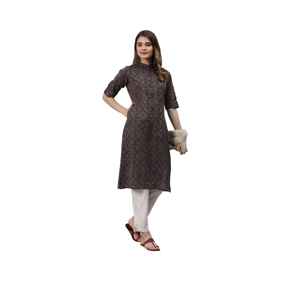 Generic Women's Cotton Printed Straight Kurti (Black, Cotton)