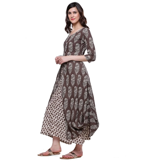 Generic Women's Cotton Printed Long Kurti (Brown, Cotton)