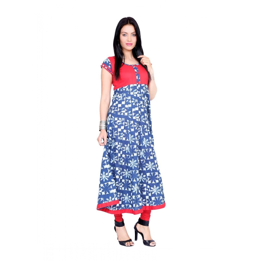 Generic Women's Cotton Printed Long Kurti (Blue, Red, Cotton)