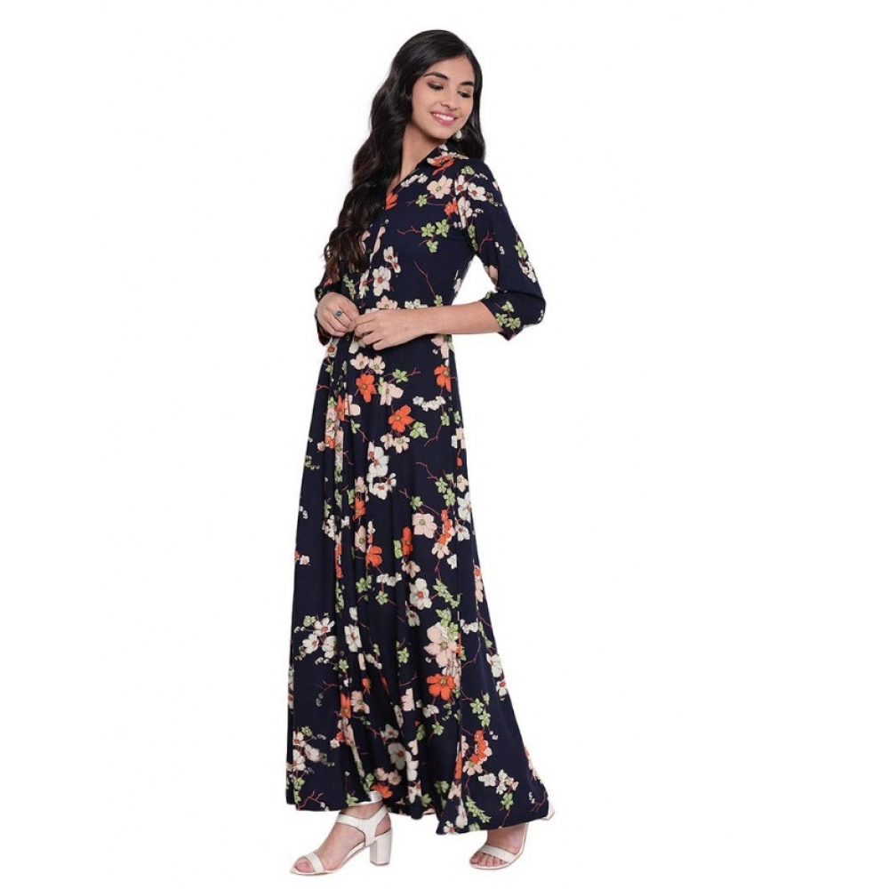 Generic Women's Rayon Printed Maxi Dress (Navy Blue, Rayon) Generic Women's Rayon Printed Maxi Dress (Navy Blue, Rayon)