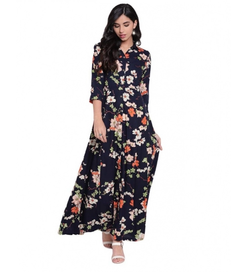 Generic Women's Rayon Printed Maxi Dress (Navy Blue, Rayon)