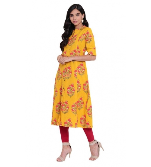 Generic Women's Khadi Printed A Line Kurti (Yellow, Khadi)
