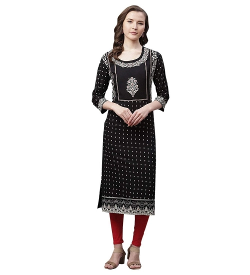 Generic Women's Rayon Printed Straight Kurti (Black, Rayon)