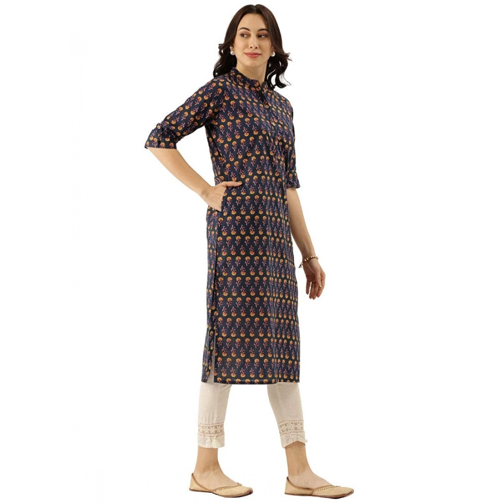Generic Women's Cotton Printed Solid Kurti (Blue, Cotton)