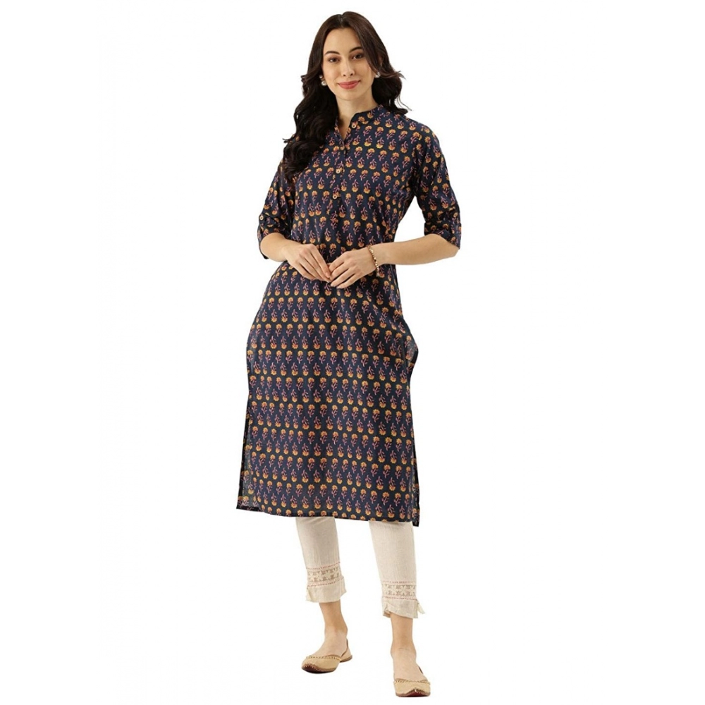 Generic Women's Cotton Printed Solid Kurti (Blue, Cotton)
