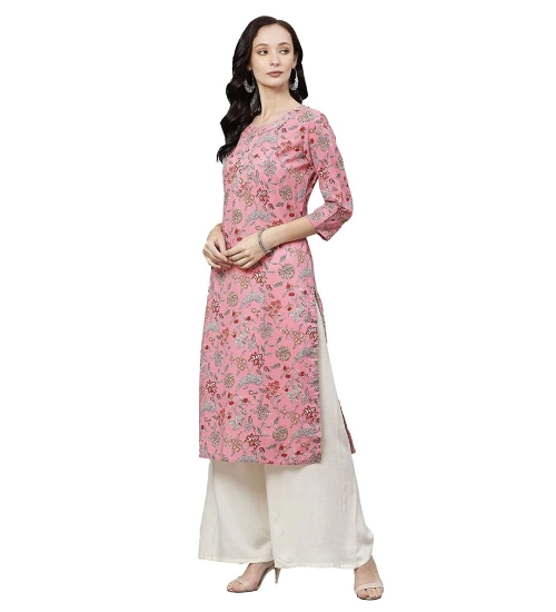 Generic Women's Cotton Printed Straight Kurti (Pink, Cotton)