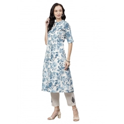 Women's Cotton Printed Floral Print Kurti (White, Blue, Cotton) Women's Cotton Printed Floral Print Kurti (White, Blue, Cotton)