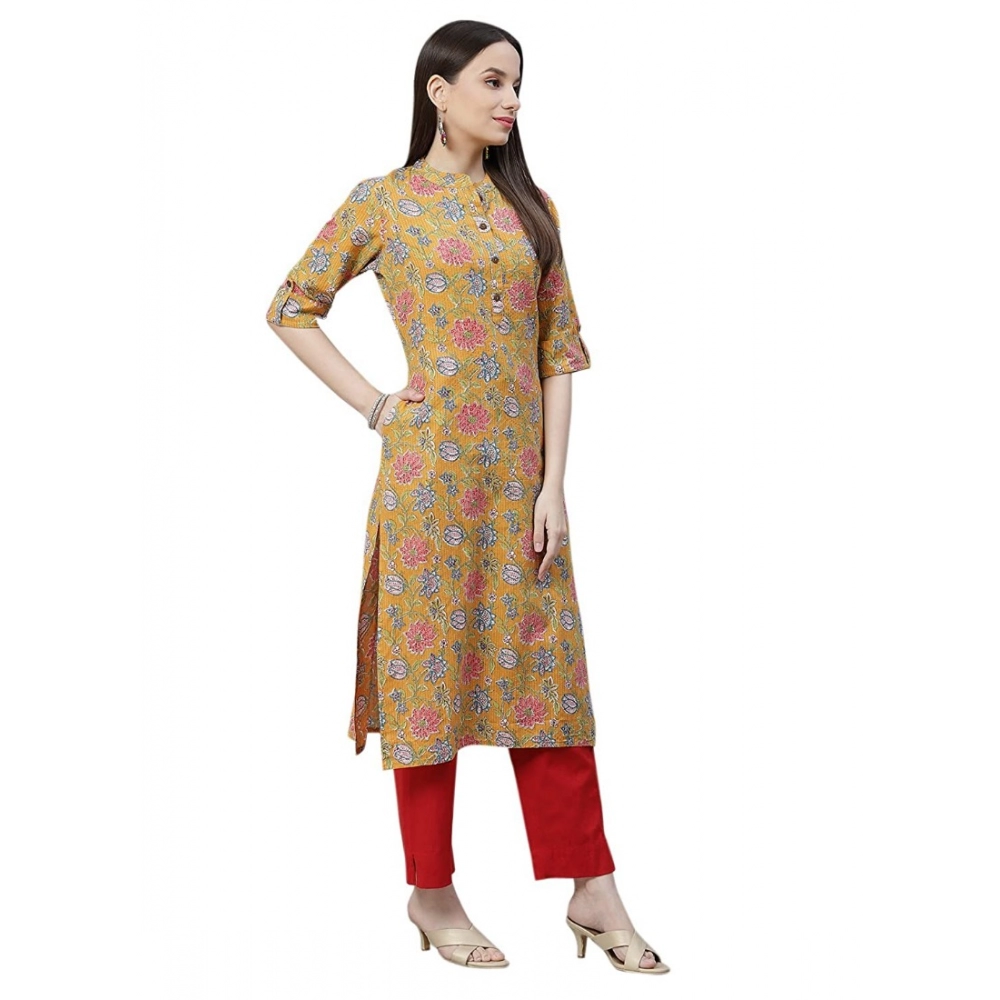 Generic Women's Cotton Printed Straight Kurti (Mustard, Cotton)